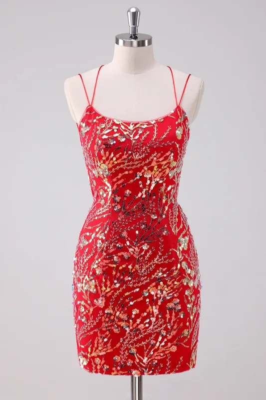 Glitter Red Bodycon Spaghetti Straps Sequins Short Homecoming Dress sold by Wedtrend