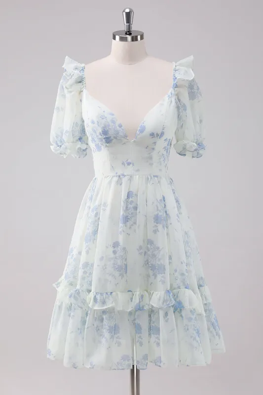 Light Blue Floral Short Homecoming Dress with Short Sleeves made by Wedtrend