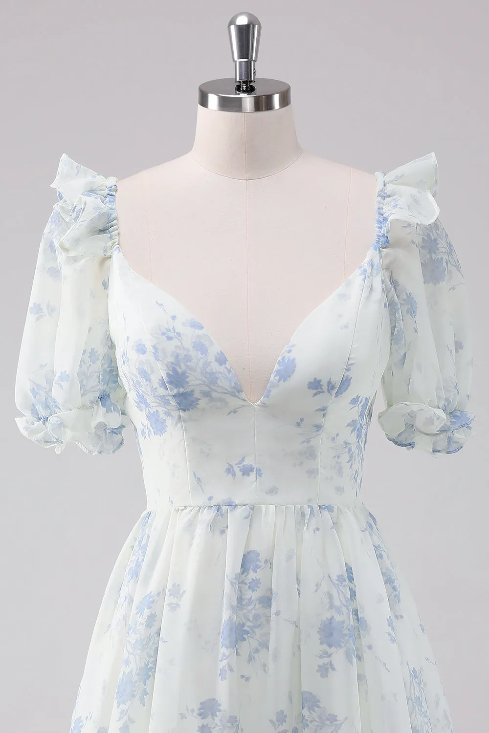 Light Blue Floral Short Homecoming Dress with Short Sleeves sold by Wedtrend product image thumbnail 4