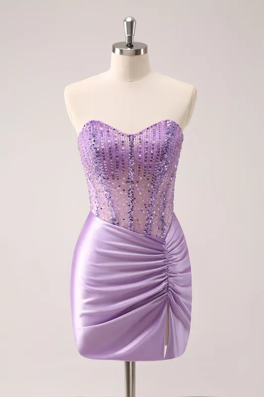 Sparkly Lilac Bodycon Strapless Sequins Ruched Short Homecoming Dress with Beading sold by Wedtrend