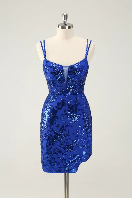 Glittler Royal Blue Spaghetti Straps Lace Up Short Homecoming Dress with Slit sold by Wedtrend