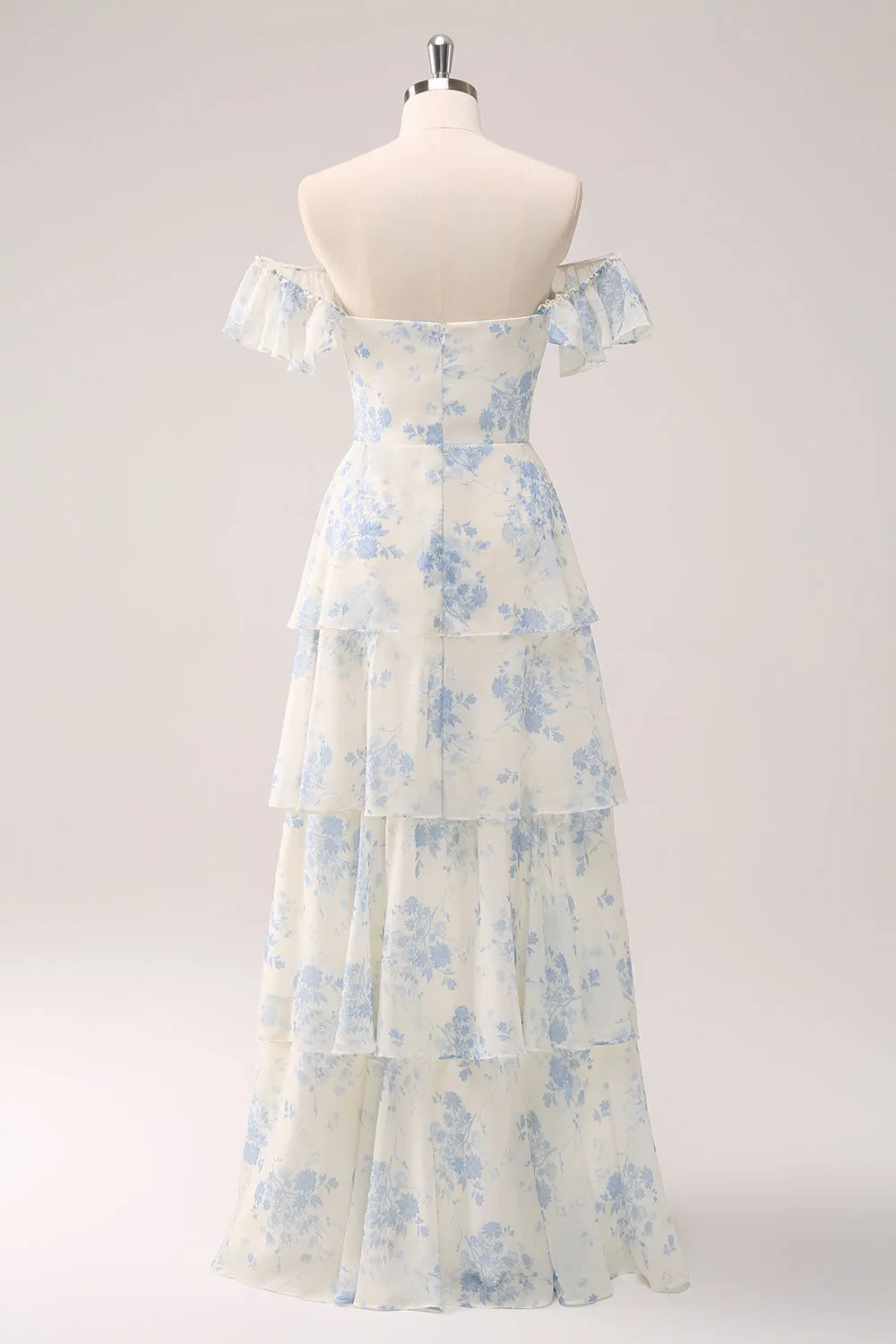 White Blue Floral A-Line Off The Shoulder Tiered Print Bridesmaid Dress sold by Wedtrend product image thumbnail 2