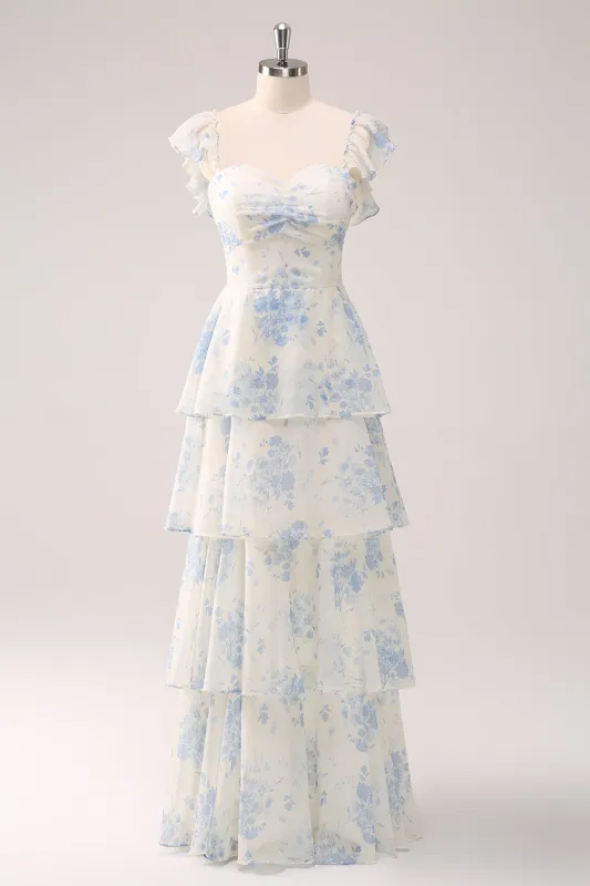 White Blue Floral A-Line Off The Shoulder Tiered Print Bridesmaid Dress made by Wedtrend