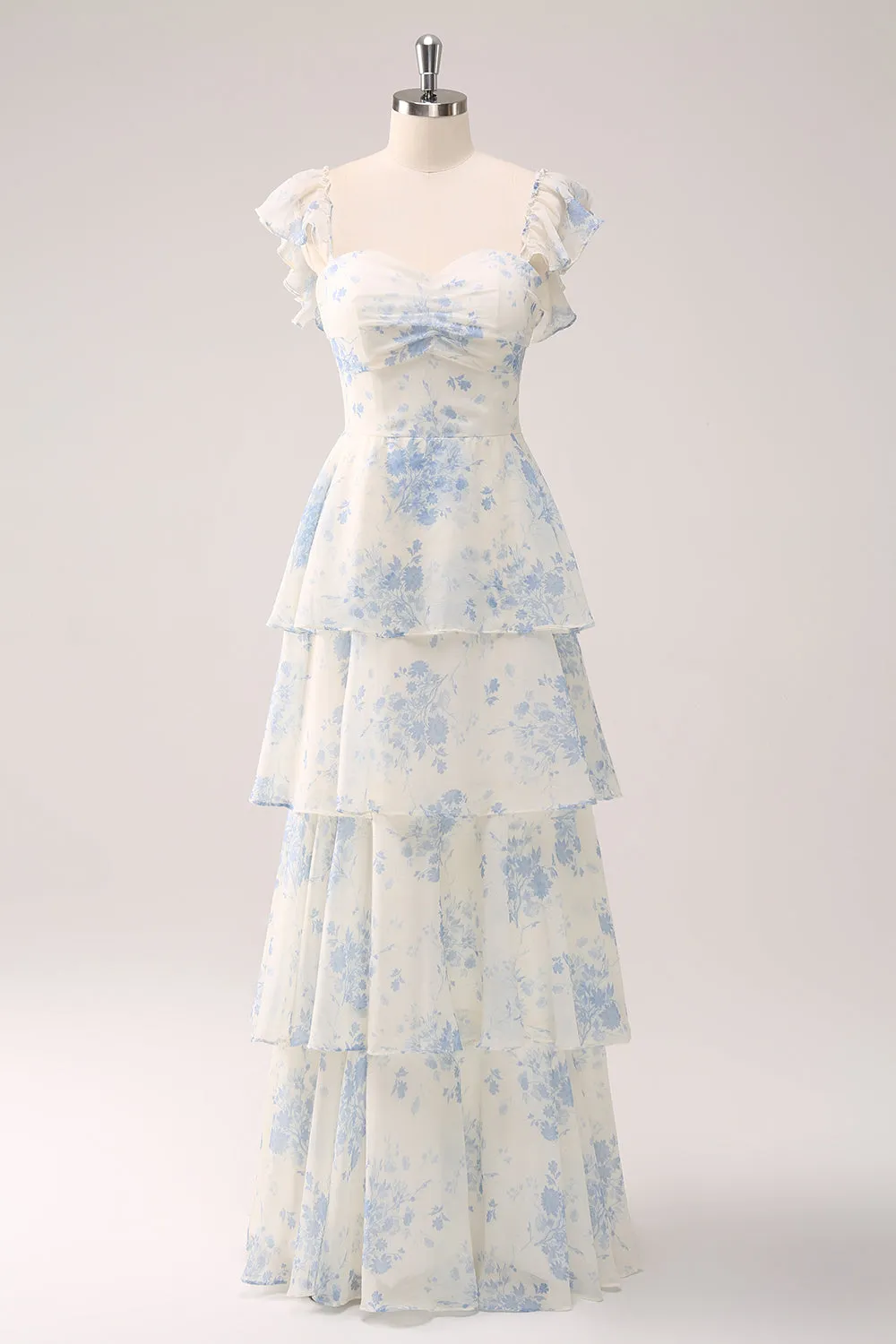 White Blue Floral A-Line Off The Shoulder Tiered Print Bridesmaid Dress sold by Wedtrend