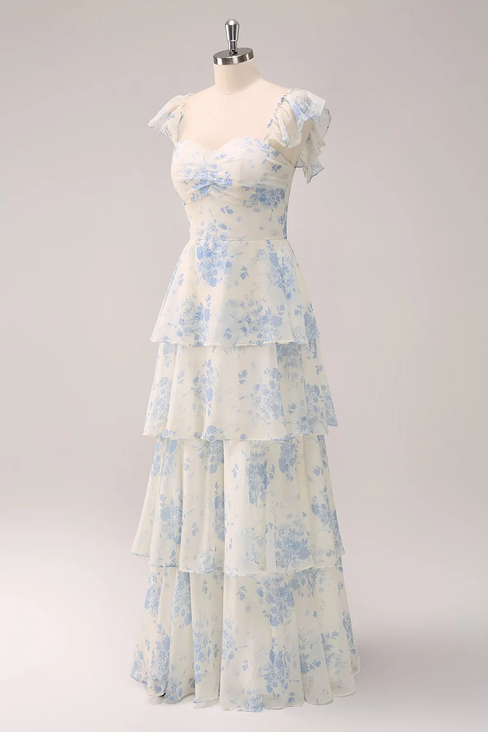 White Blue Floral A-Line Off The Shoulder Tiered Print Bridesmaid Dress sold by Wedtrend product image thumbnail 5