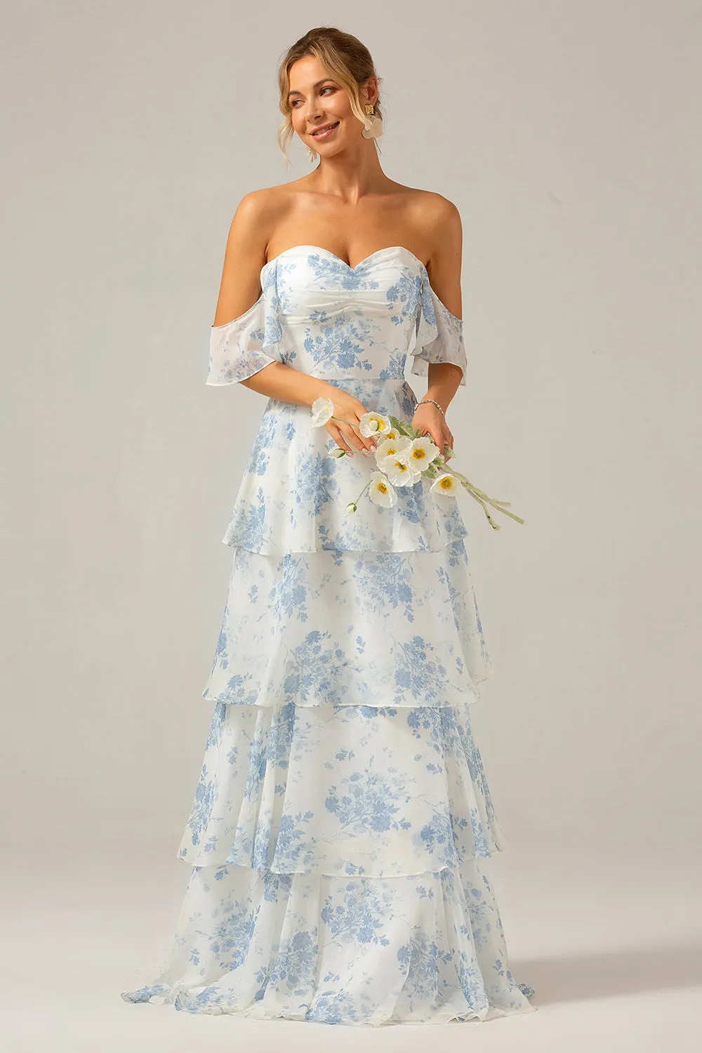 White Blue Floral A-Line Off The Shoulder Tiered Print Bridesmaid Dress sold by Wedtrend product image thumbnail 3