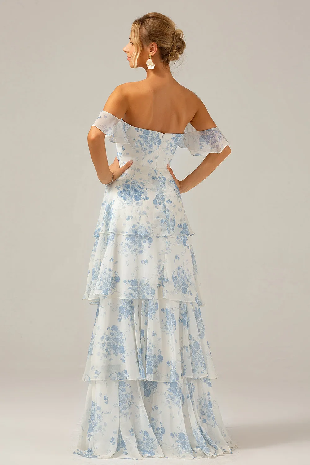 White Blue Floral A-Line Off The Shoulder Tiered Print Bridesmaid Dress sold by Wedtrend product image thumbnail 4