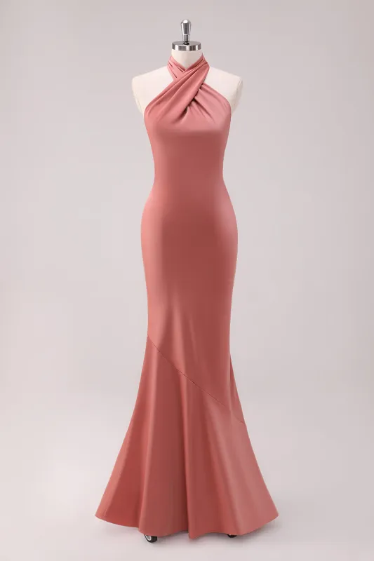 Terracotta Mermaid Halter Backless Floor Length Satin Bridesmaid Dress sold by Wedtrend