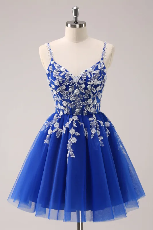 Royal Blue A Line Spaghetti Straps Tulle Corset Sequins Homecoming Dress with Appliques made by Wedtrend