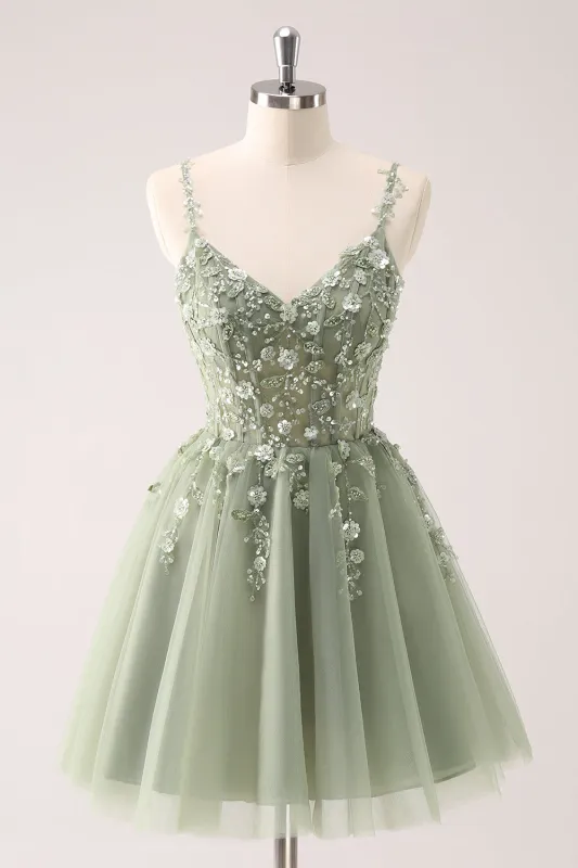 Green A Line Spaghetti Straps Tulle Corset Sequins Homecoming Dress with Appliques made by Wedtrend