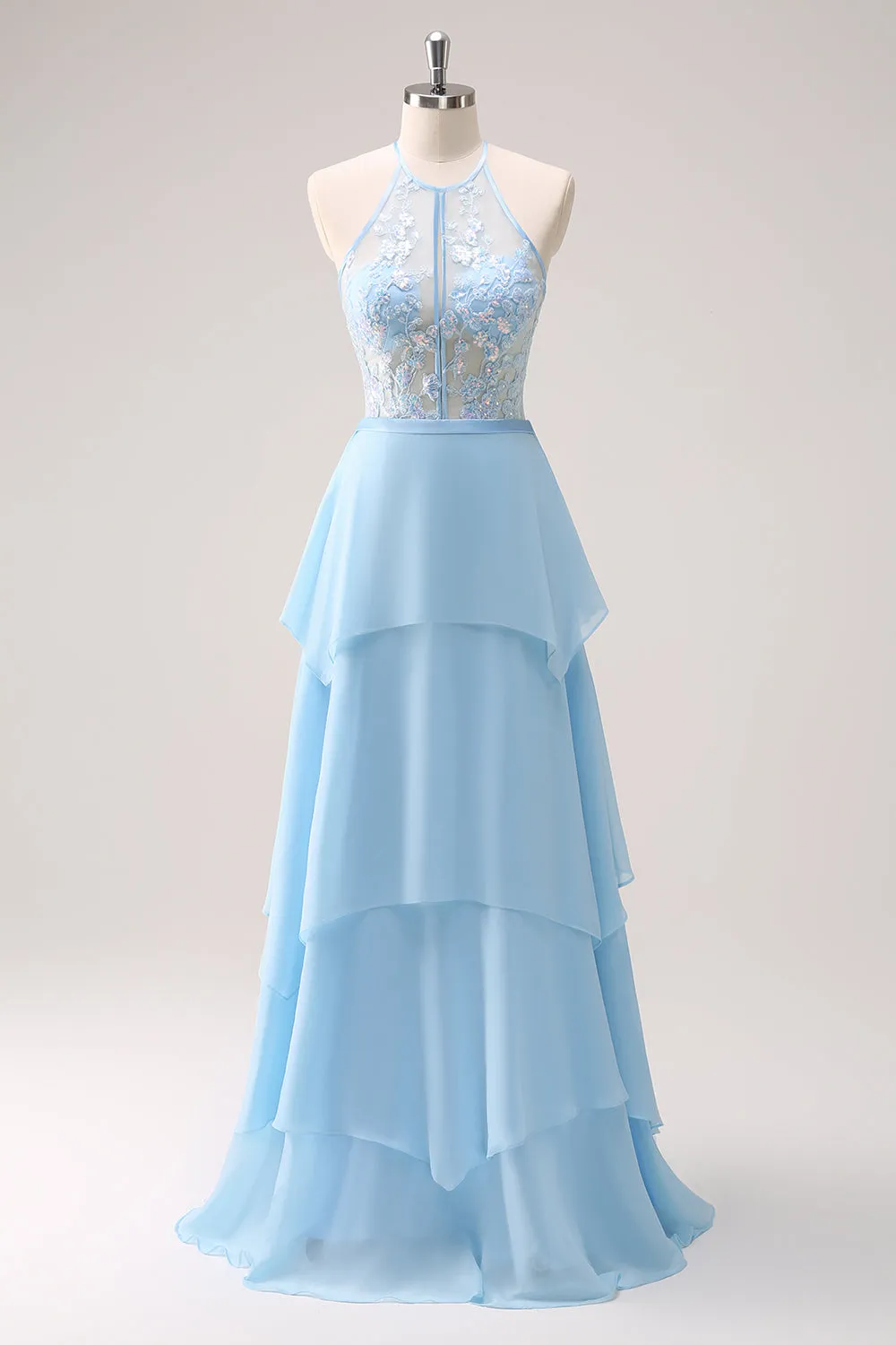 Sparkly Sky Blue A Line Halter Tiered Long Bridesmaid Dress with Lace Up Back sold by Wedtrend