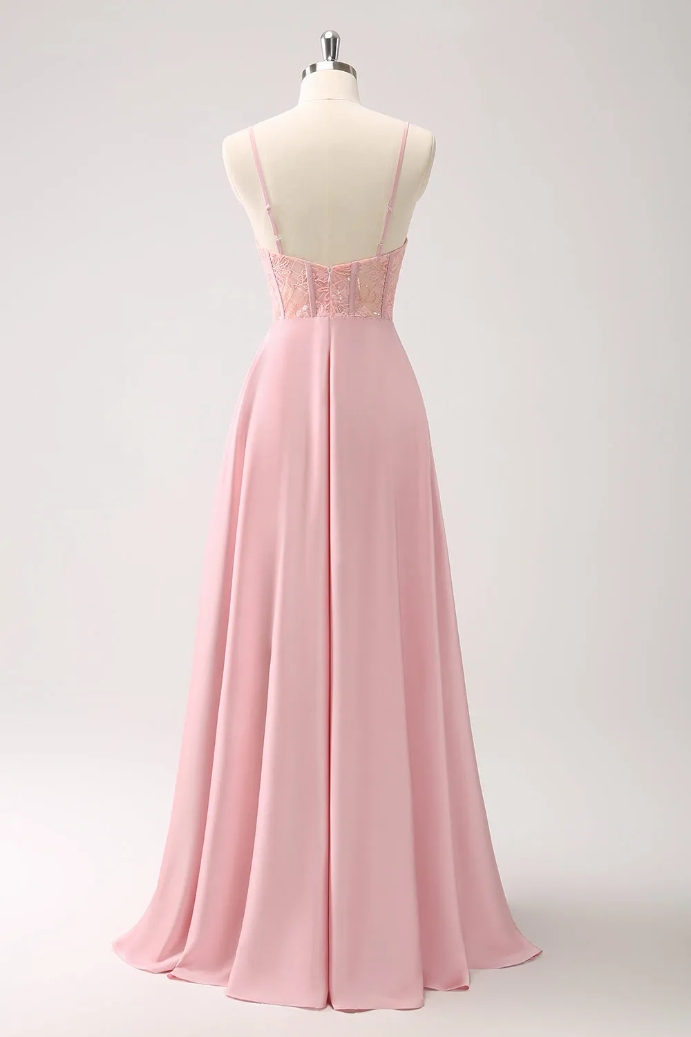 Pink A-Line Spaghetti Straps Corset Satin Long Bridesmaid Dress with Slit sold by Wedtrend product image thumbnail 2