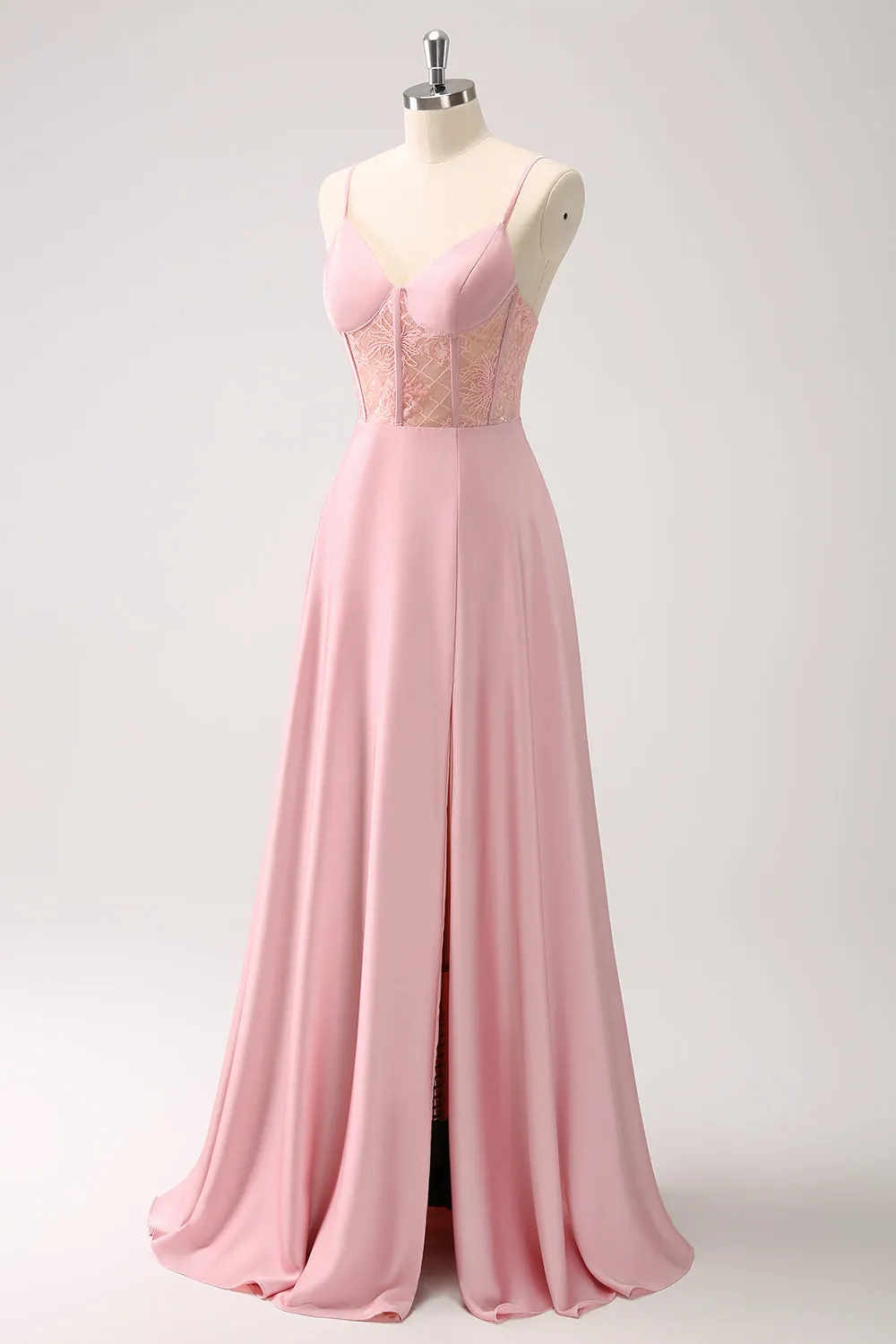 Pink A-Line Spaghetti Straps Corset Satin Long Bridesmaid Dress with Slit sold by Wedtrend product image thumbnail 3
