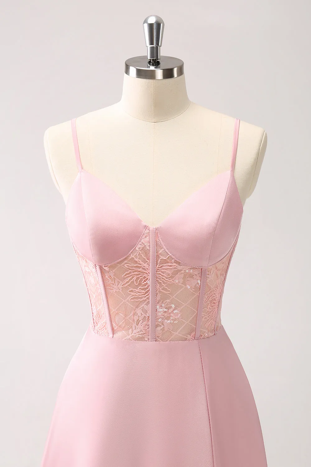 Pink A-Line Spaghetti Straps Corset Satin Long Bridesmaid Dress with Slit sold by Wedtrend product image thumbnail 4