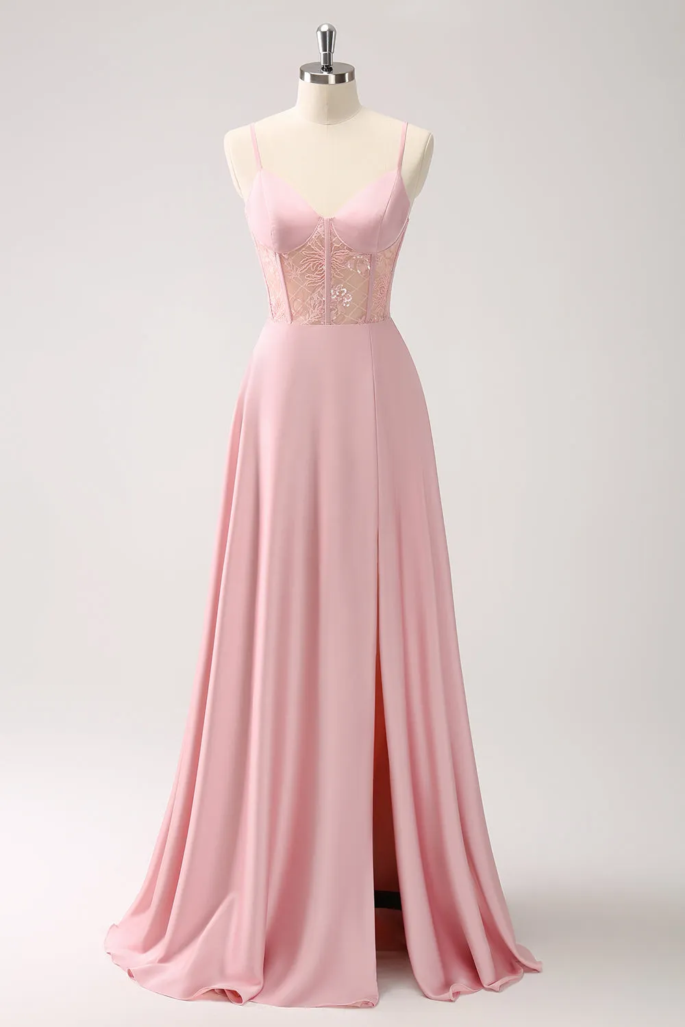 Pink A-Line Spaghetti Straps Corset Satin Long Bridesmaid Dress with Slit sold by Wedtrend