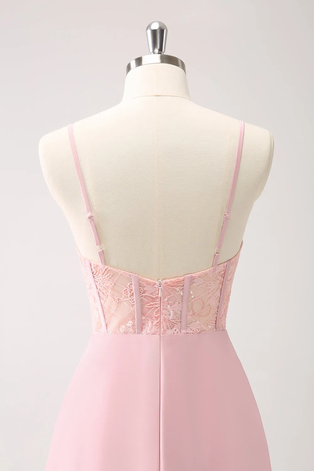 Pink A-Line Spaghetti Straps Corset Satin Long Bridesmaid Dress with Slit sold by Wedtrend product image thumbnail 5