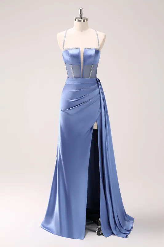 Blue Sheath Satin Spaghetti Straps Sequin Corset Long Bridesmaid Dress with Slit sold by Wedtrend