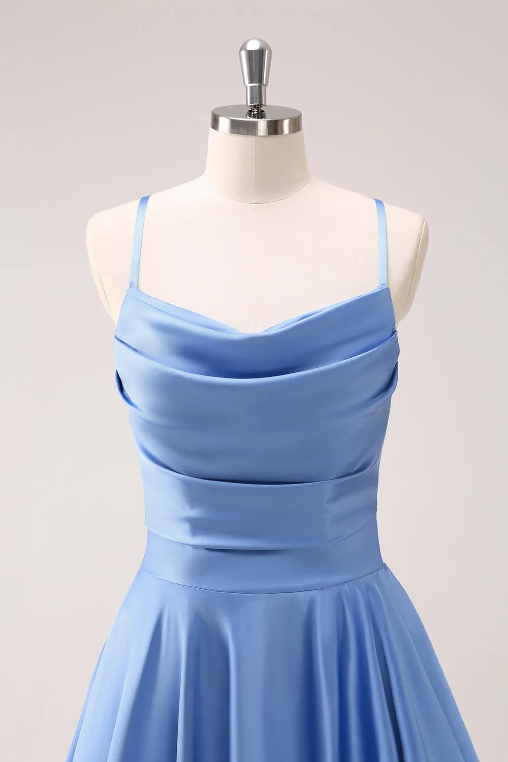 Blue A Line Cowl Neck Satin Asymmetrical Ruffled Bridesmaid Dress with Slit sold by Wedtrend product image thumbnail 4