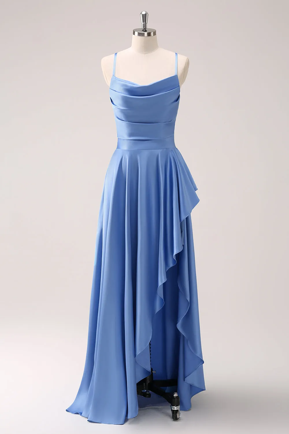 Blue A Line Cowl Neck Satin Asymmetrical Ruffled Bridesmaid Dress with Slit sold by Wedtrend