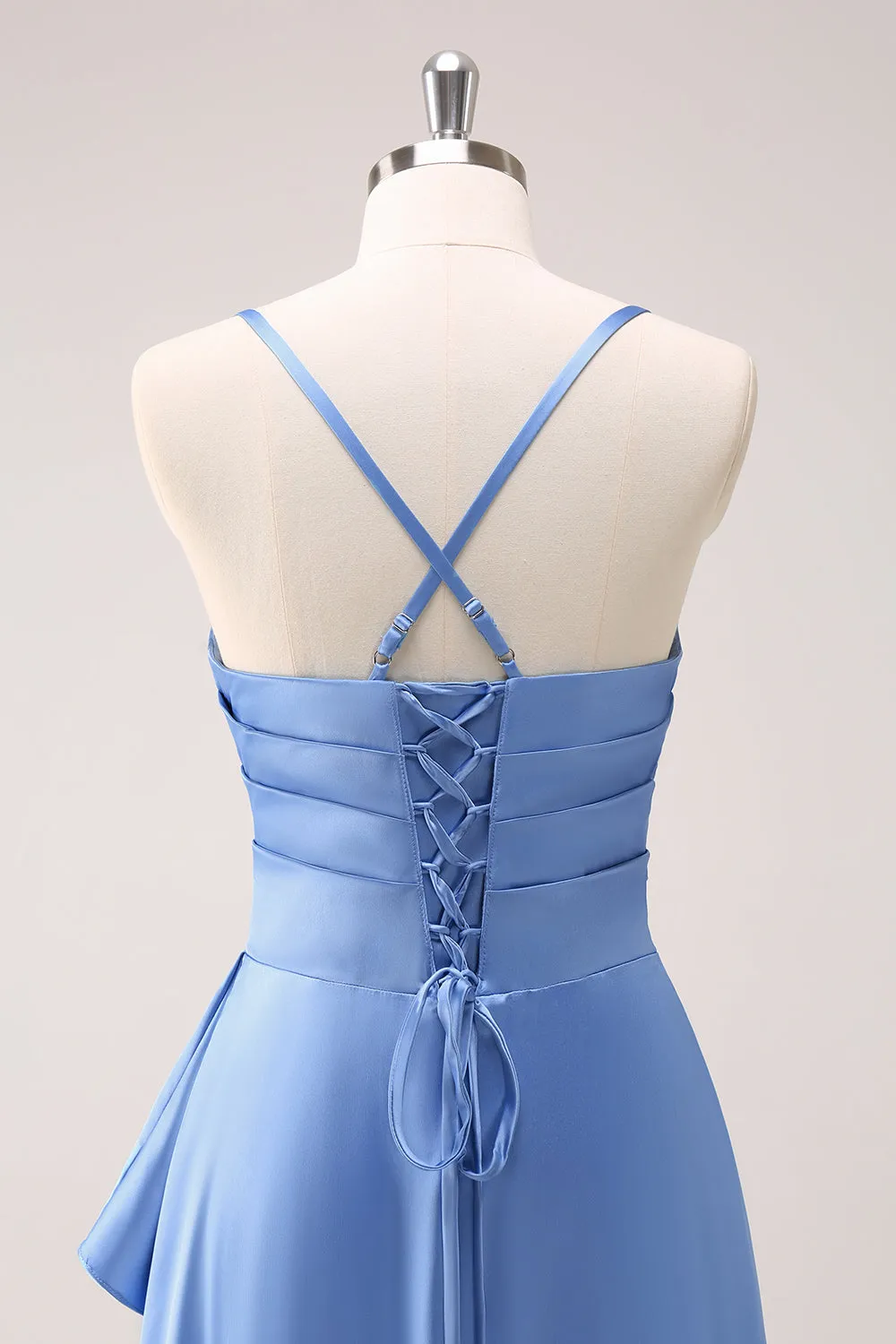 Blue A Line Cowl Neck Satin Asymmetrical Ruffled Bridesmaid Dress with Slit sold by Wedtrend product image thumbnail 5