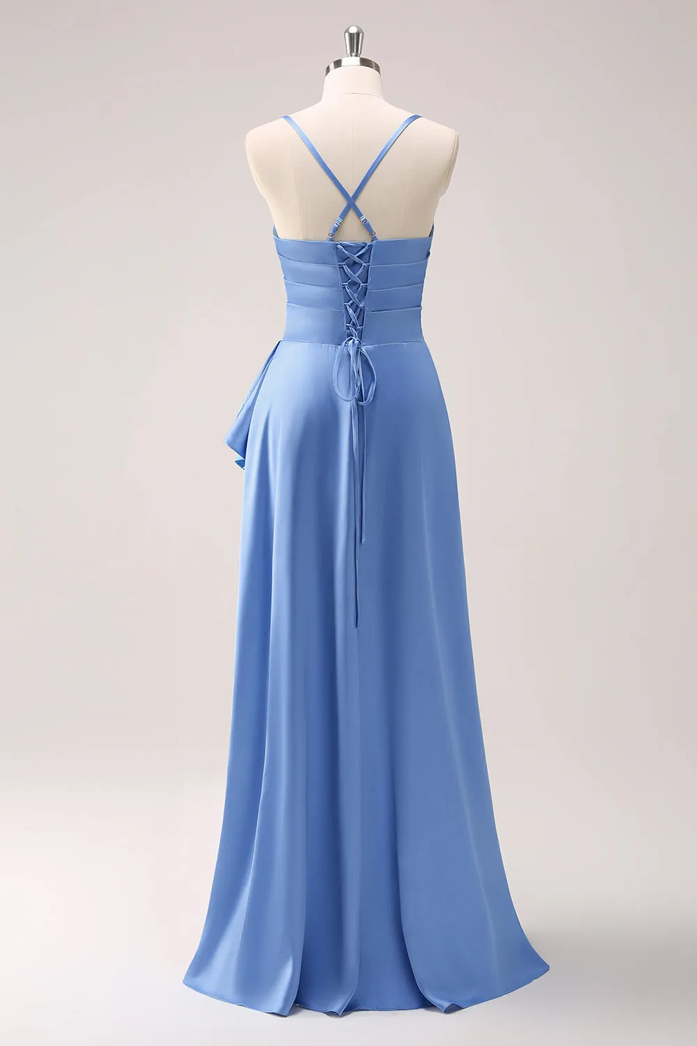 Blue A Line Cowl Neck Satin Asymmetrical Ruffled Bridesmaid Dress with Slit sold by Wedtrend product image thumbnail 2