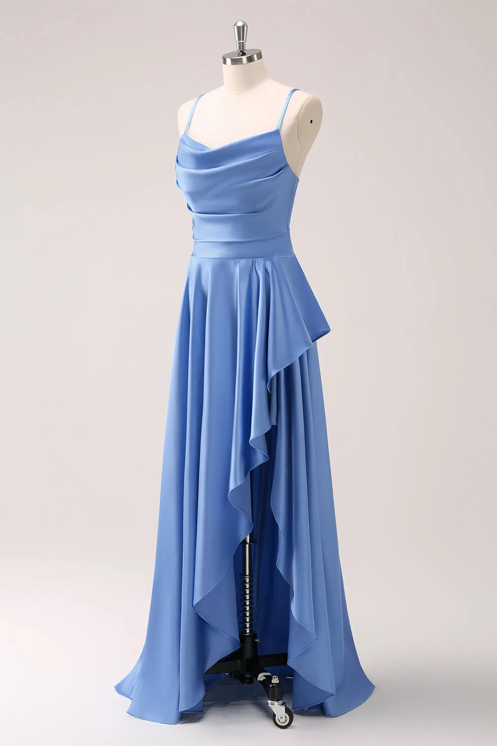 Blue A Line Cowl Neck Satin Asymmetrical Ruffled Bridesmaid Dress with Slit sold by Wedtrend product image thumbnail 3