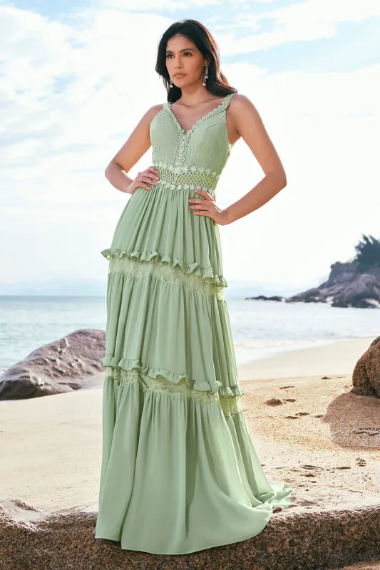 Green A Line Spaghetti Straps Ruffled Floral Bridesmaid Dress with Lace sold by Wedtrend
