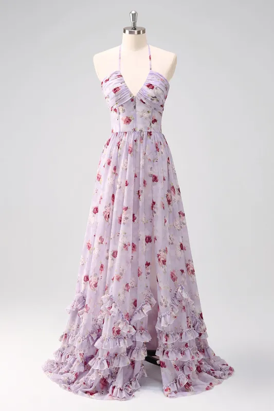 Grey Purple A Line Halter Floral Corset Long Print Bridesmaid Dress with Slit sold by Wedtrend