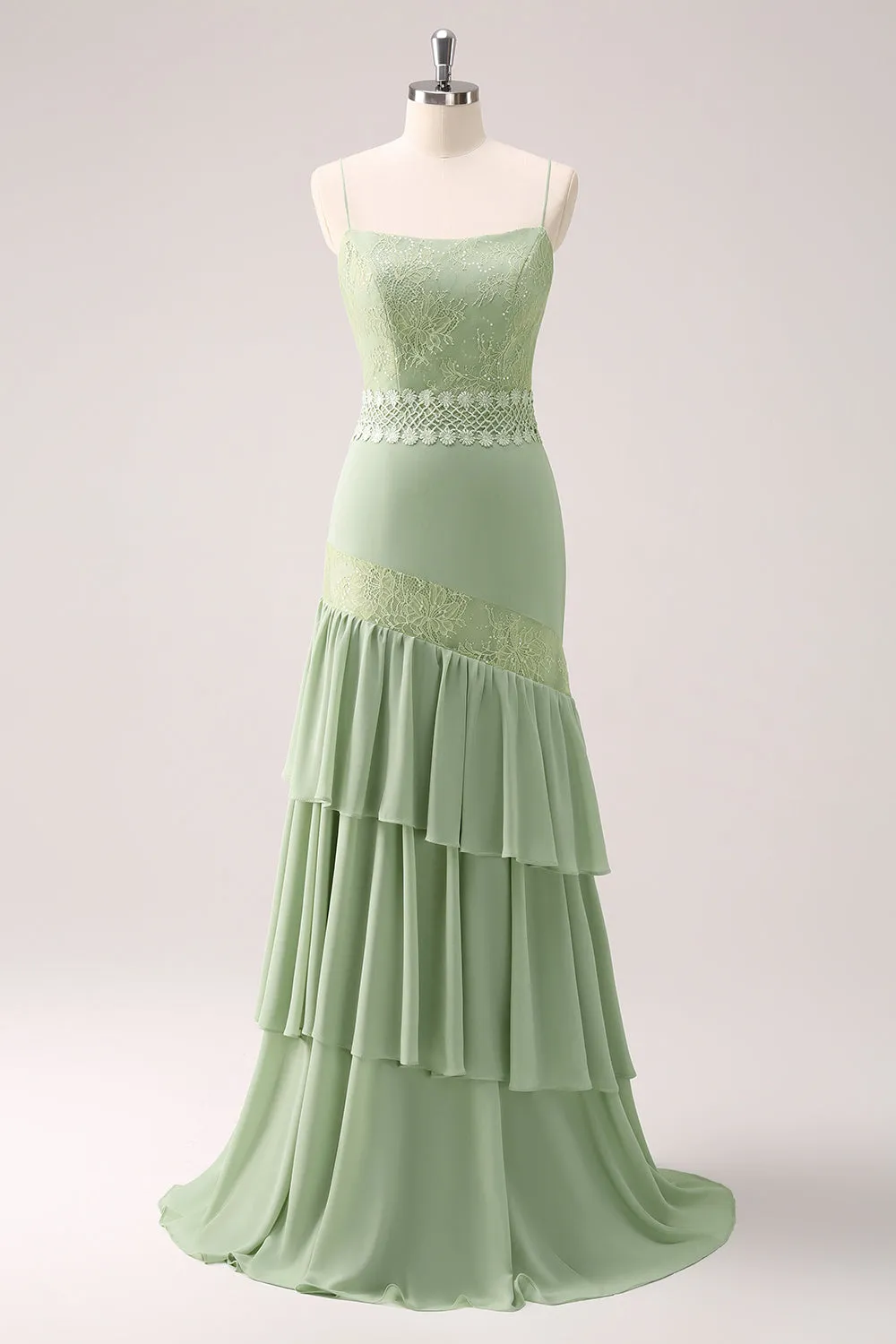 Green Sheath Floral Ruffled Chiffon Long Bridesmaid Dress sold by Wedtrend
