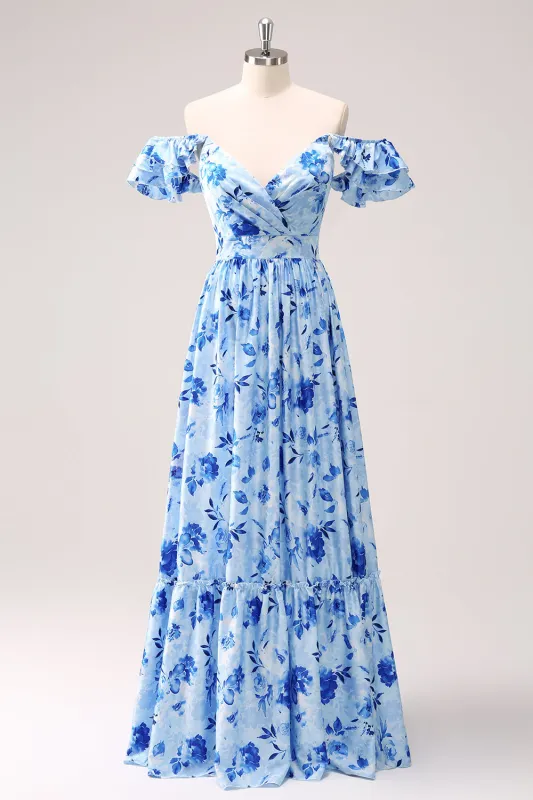 Blue A Line Off The Shoulder Print Floral Ruched Long Bridesmaid Dress made by Wedtrend