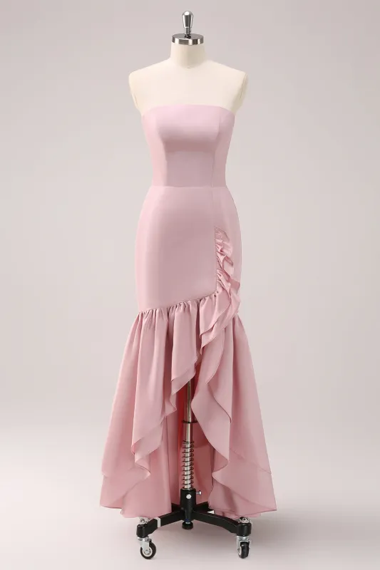 Pink Mermaid Strapless Asymmetrical Bridesmaid Dress with Ruffles made by Wedtrend