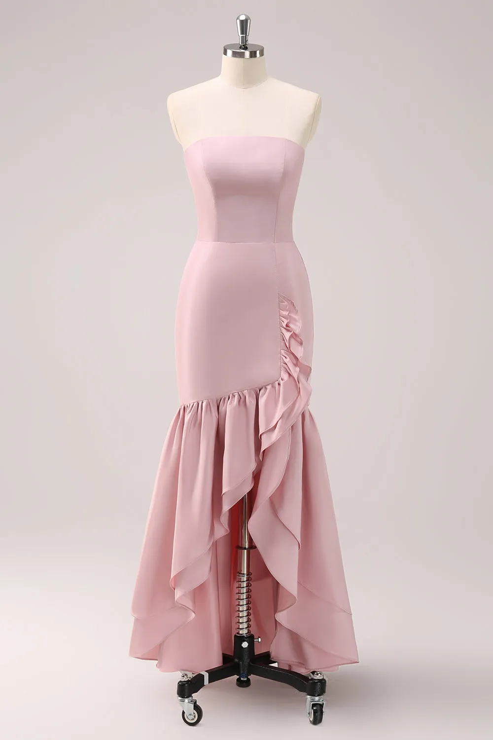 Pink Mermaid Strapless Asymmetrical Bridesmaid Dress with Ruffles sold by Wedtrend