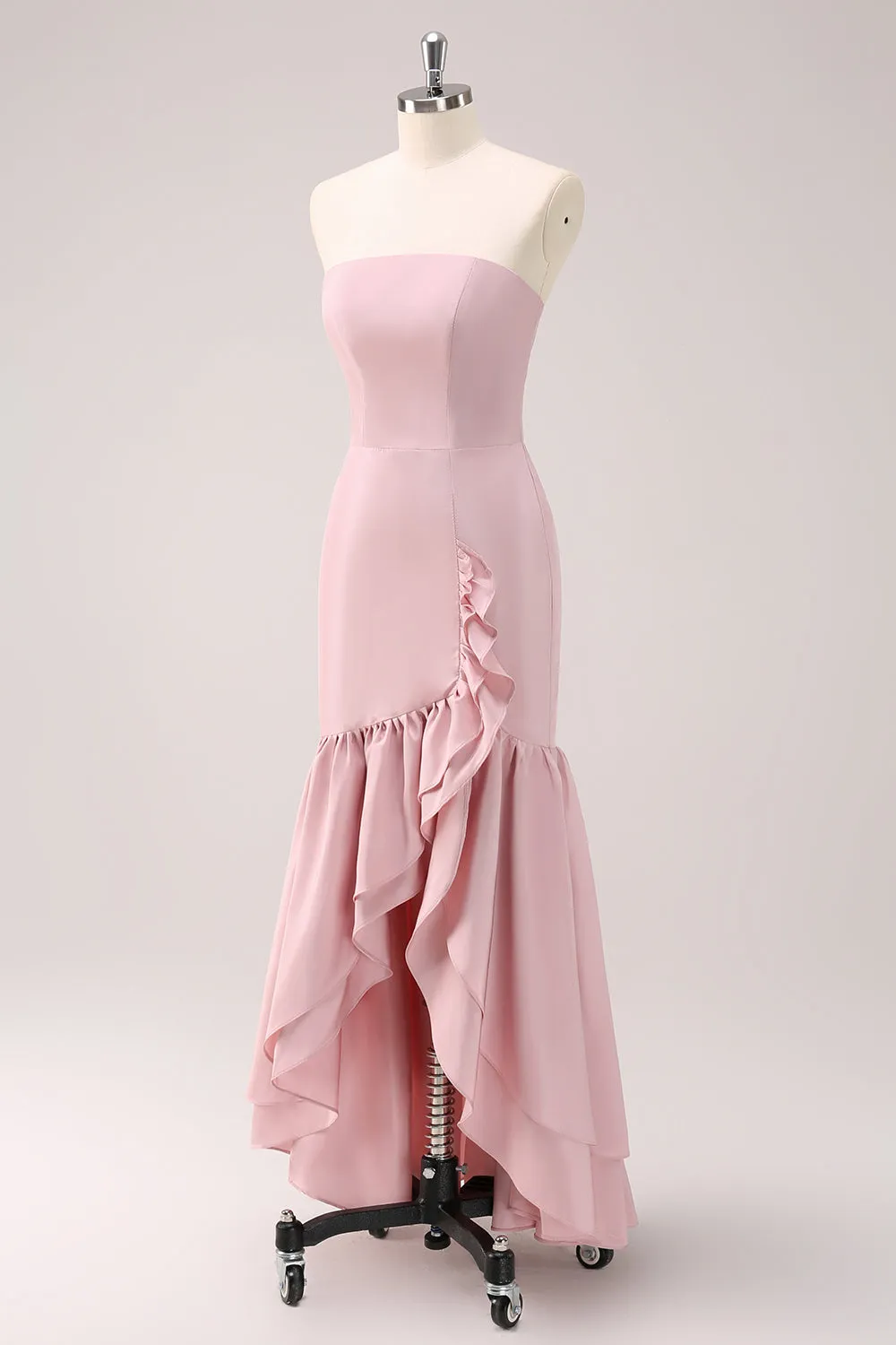 Pink Mermaid Strapless Asymmetrical Bridesmaid Dress with Ruffles sold by Wedtrend product image thumbnail 5