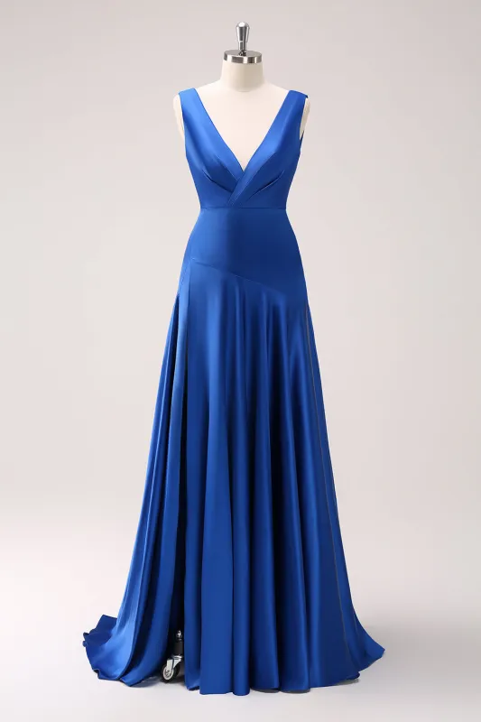 Ink Blue A Line V-Neck Satin Ruched Long Bridesmaid Dress with Slit sold by Wedtrend