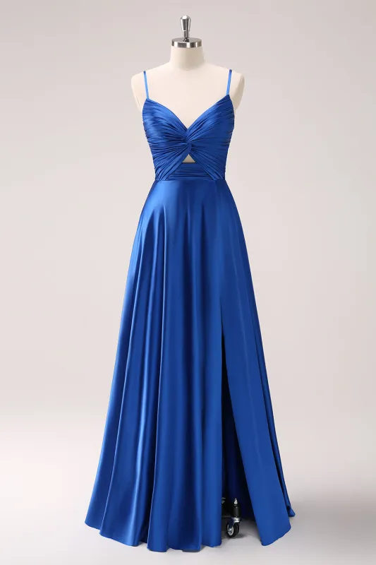Ink Blue A Line Spaghetti Straps Satin Pleated Long Bridesmaid Dress with Slit sold by Wedtrend