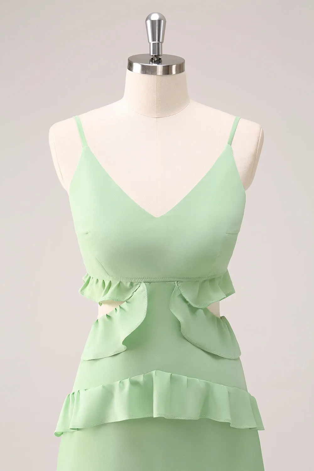 Light Green A Line Spaghetti Straps Hollow Out Long Bridesmaid Dress with Slit sold by Wedtrend product image thumbnail 4