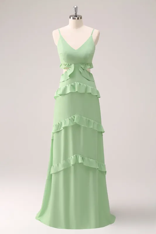 Light Green A Line Spaghetti Straps Hollow Out Long Bridesmaid Dress with Slit made by Wedtrend