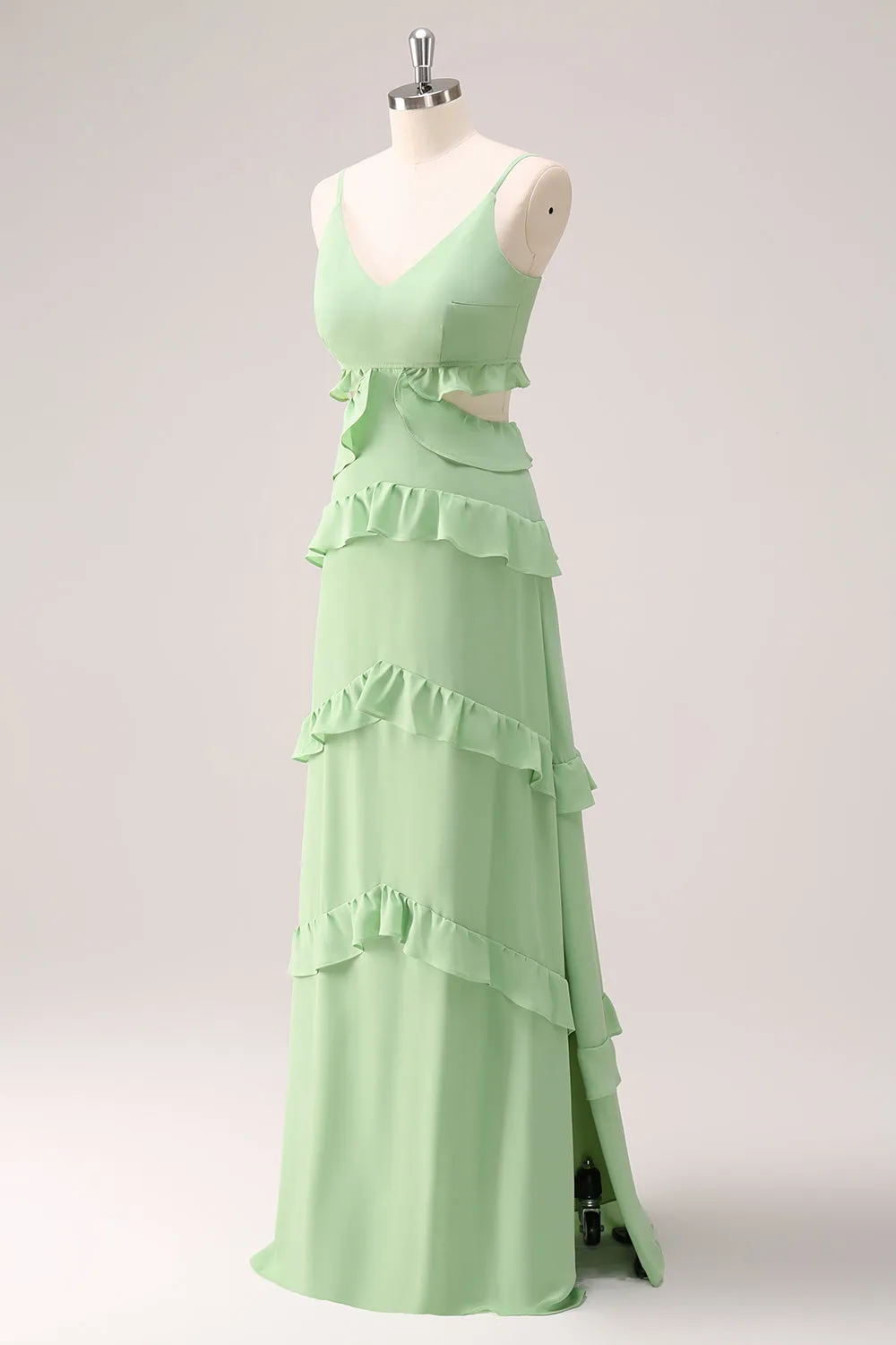 Light Green A Line Spaghetti Straps Hollow Out Long Bridesmaid Dress with Slit sold by Wedtrend product image thumbnail 3