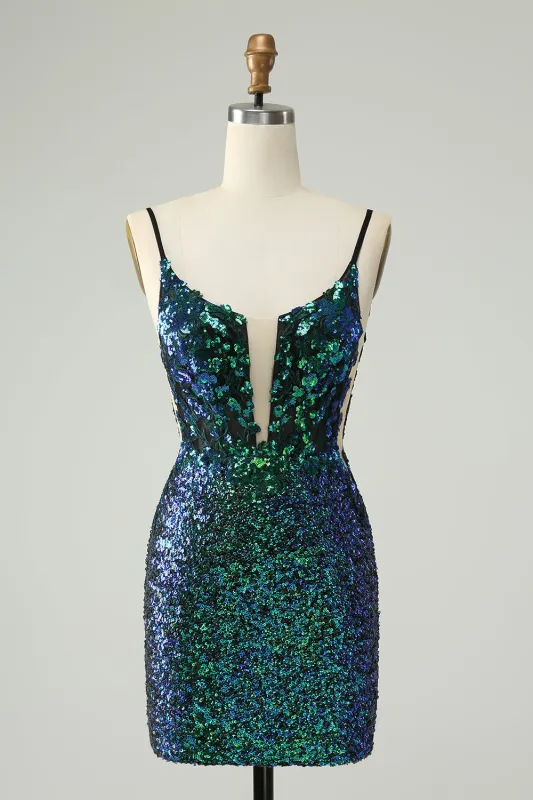 Sparkly Dark Green Spaghetti Straps Tight Homecoming Dress with Sequins made by Wedtrend