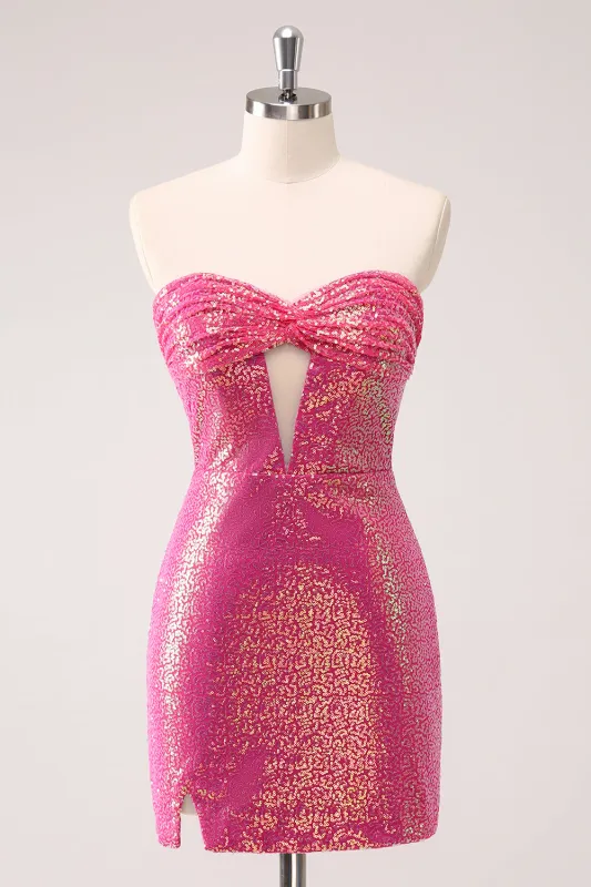 Sparkly Fuchsia Bodycon Strapless Hollow Out Sequins Short Homecoming Dress with Slit sold by Wedtrend