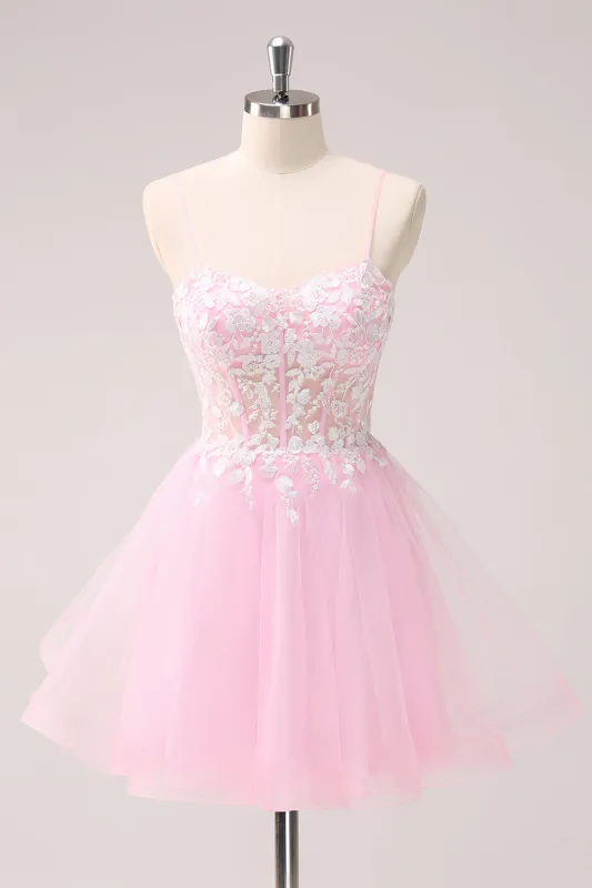 Pink A Line Spaghetti Straps Tulle Corset Homecoming Dress with Appliques made by Wedtrend