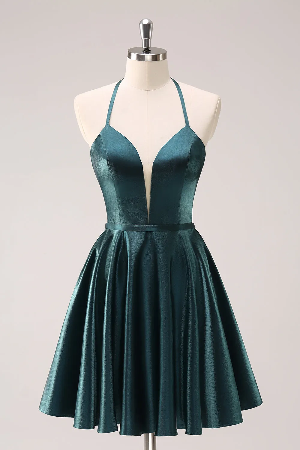 Peacock Blue A-Line Halter Short Homecoming Dress with Lace Up Back sold by Wedtrend
