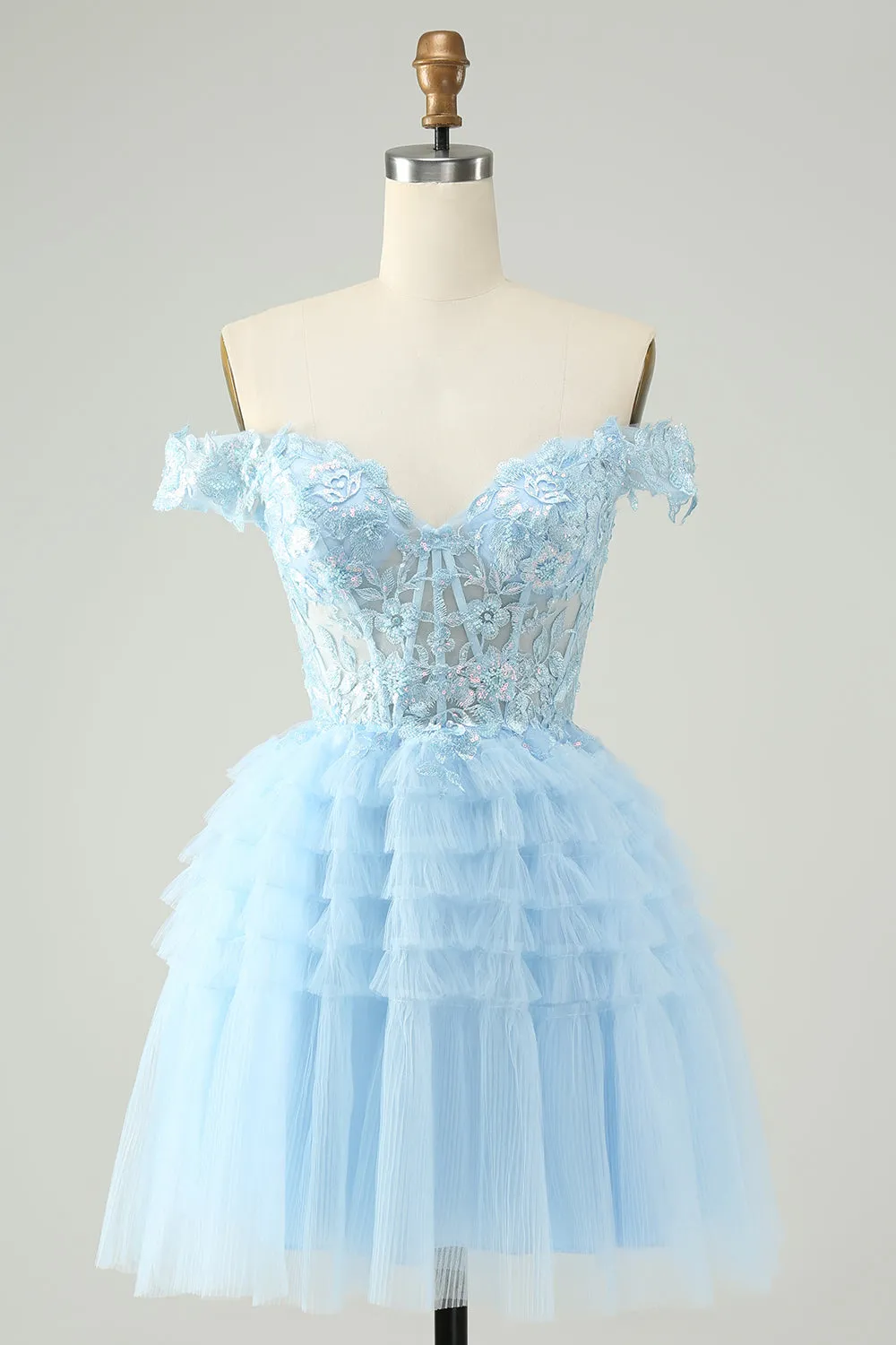 Light Blue A Line Off The Shoulder Corset Short Homecoming Dress with Sequins sold by Wedtrend