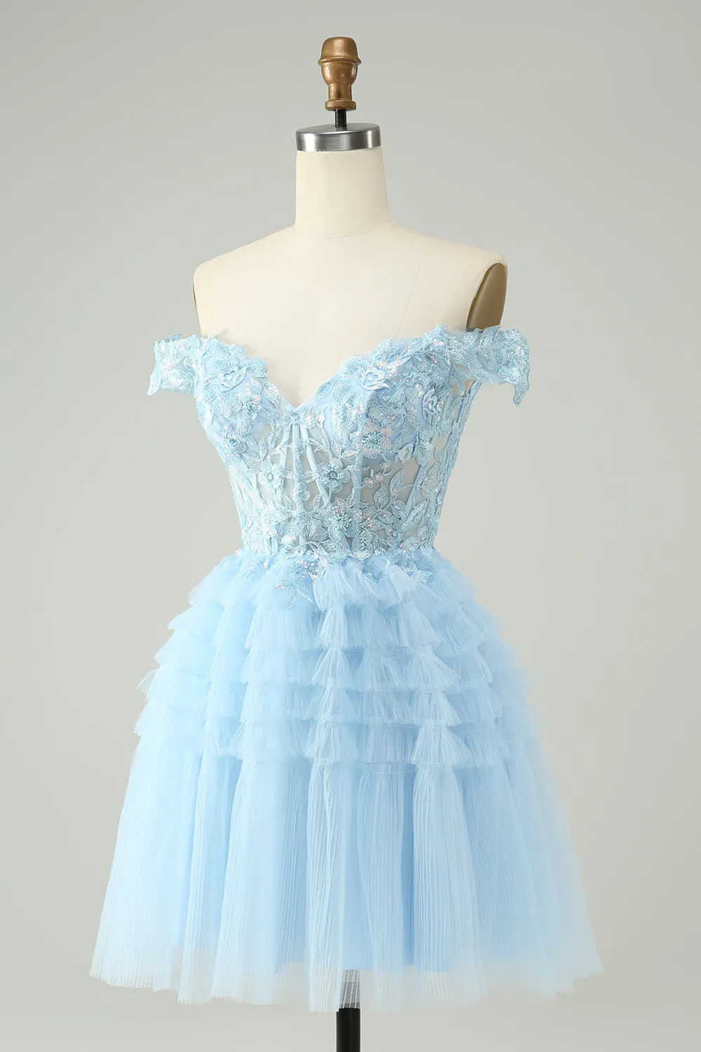 Light Blue A Line Off The Shoulder Corset Short Homecoming Dress with Sequins sold by Wedtrend product image thumbnail 3