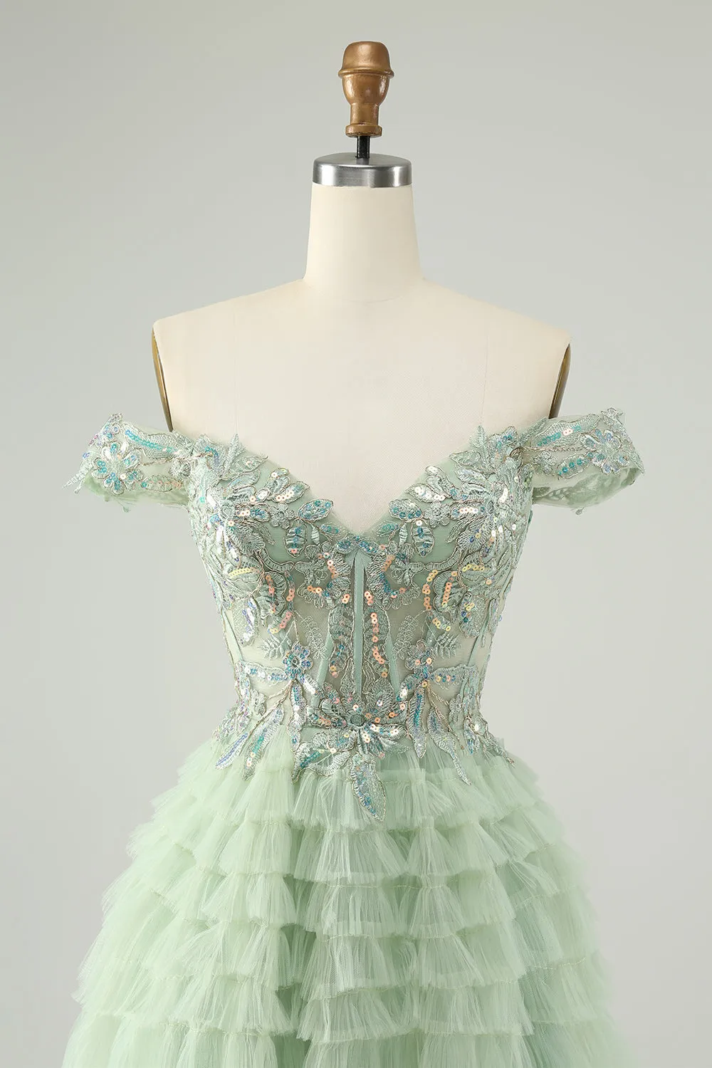 Sparkly Light Green A Line Off The Shoulder Corset Tulle Homecoming Dress with Sequins sold by Wedtrend product image thumbnail 4