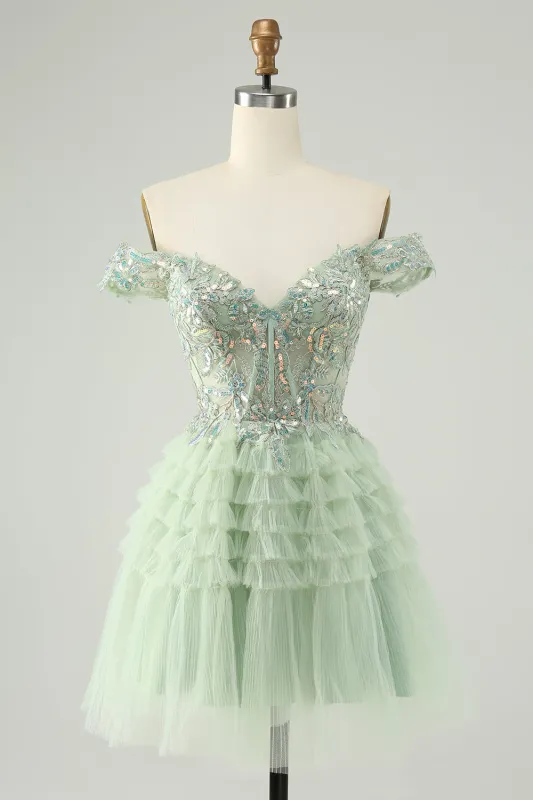 Sparkly Light Green A Line Off The Shoulder Corset Tulle Homecoming Dress with Sequins made by Wedtrend