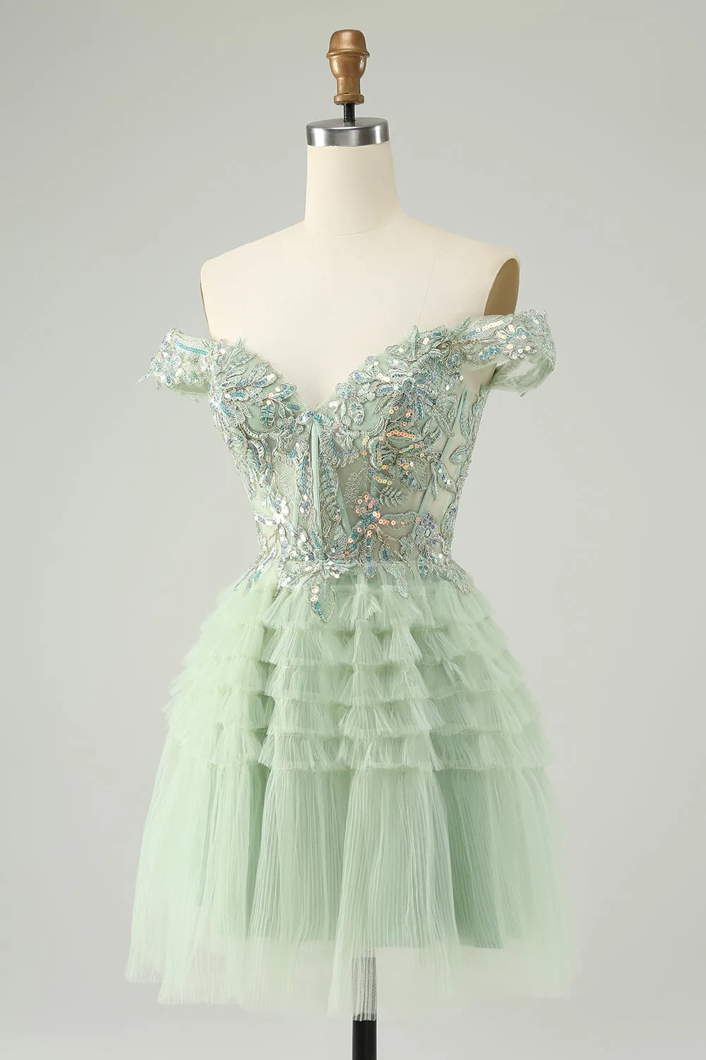 Sparkly Light Green A Line Off The Shoulder Corset Tulle Homecoming Dress with Sequins sold by Wedtrend product image thumbnail 3