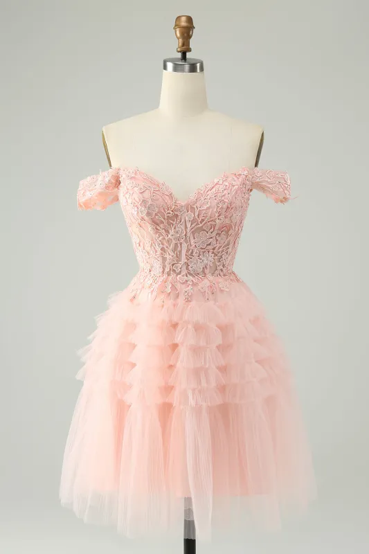 Blush A Line Off The Shoulder Corset Short Tulle Homecoming Dress made by Wedtrend