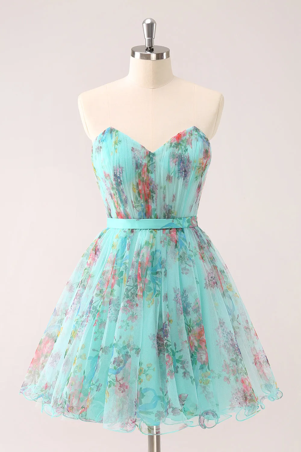 Fluffy A Line Strapless Ruched Floral Short Homecoming Dress with Bow sold by Wedtrend