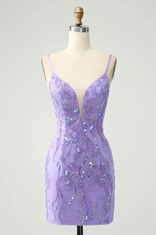 Sparkly Purple Tight Spaghetti Straps Short Homecoming Dress with Sequins sold by Wedtrend